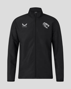 Front view of black men's woven pre match jacket with full zip and white team logos on the chest