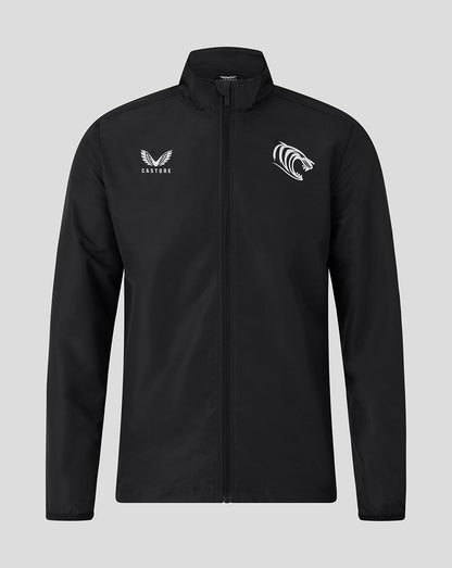 Front view of black men's woven pre match jacket with full zip and white team logos on the chest