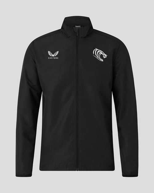 Front view of black men's woven pre match jacket with full zip and white team logos on the chest