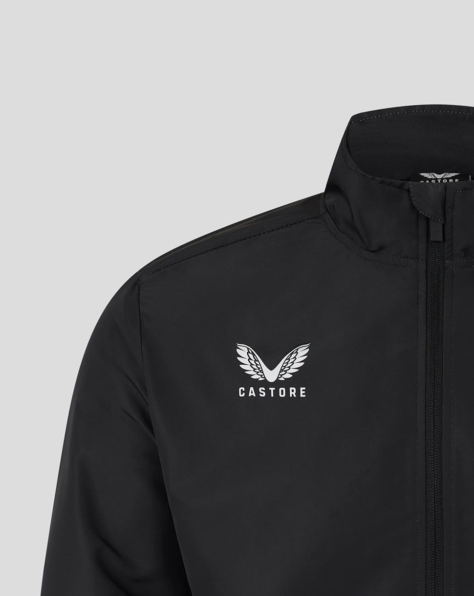 Left chest white Castore logo on black Leicester Tigers pre match jacket