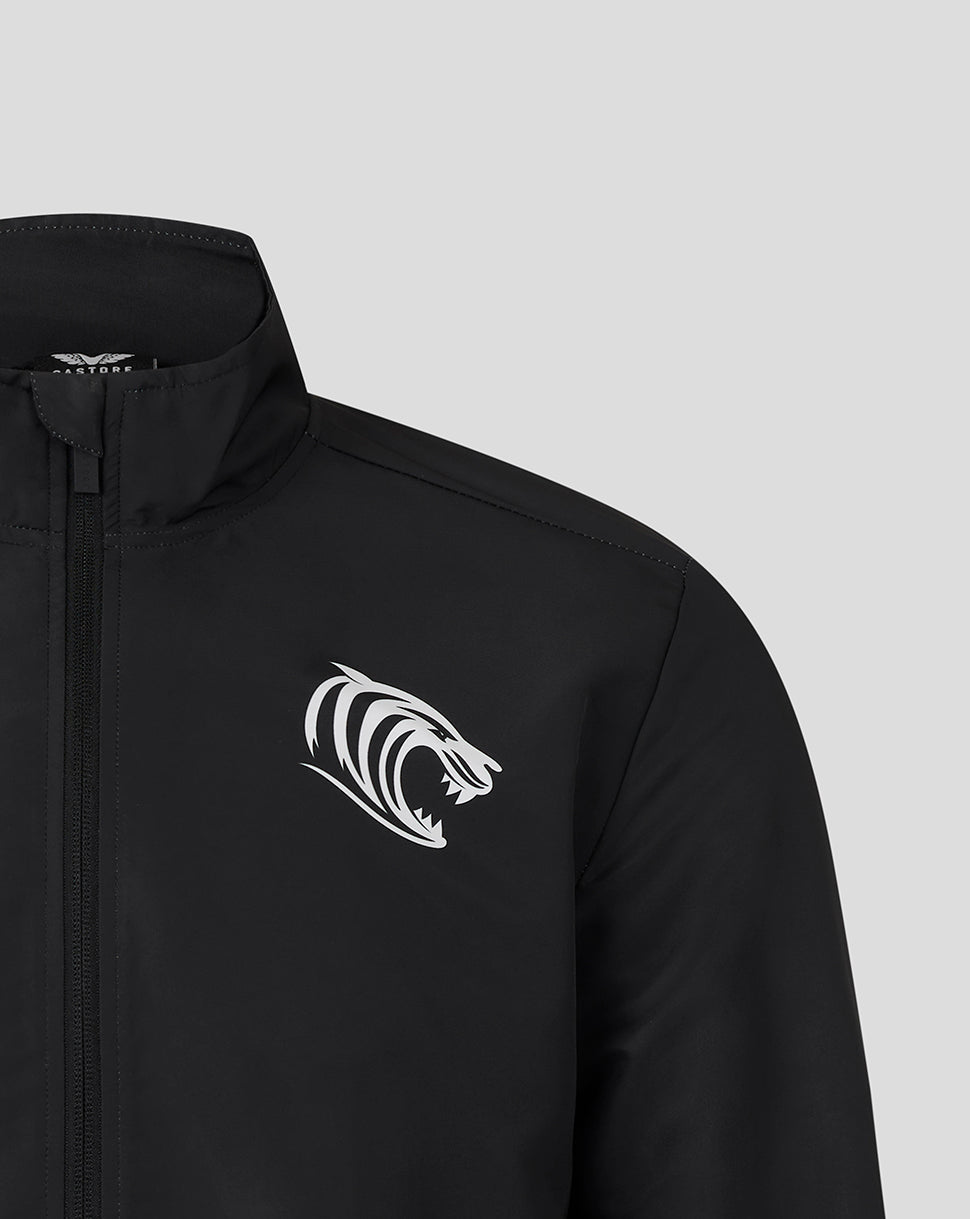Leicester Tigers black woven pre match jacket with a white tiger head logo on the left chest and front zipper