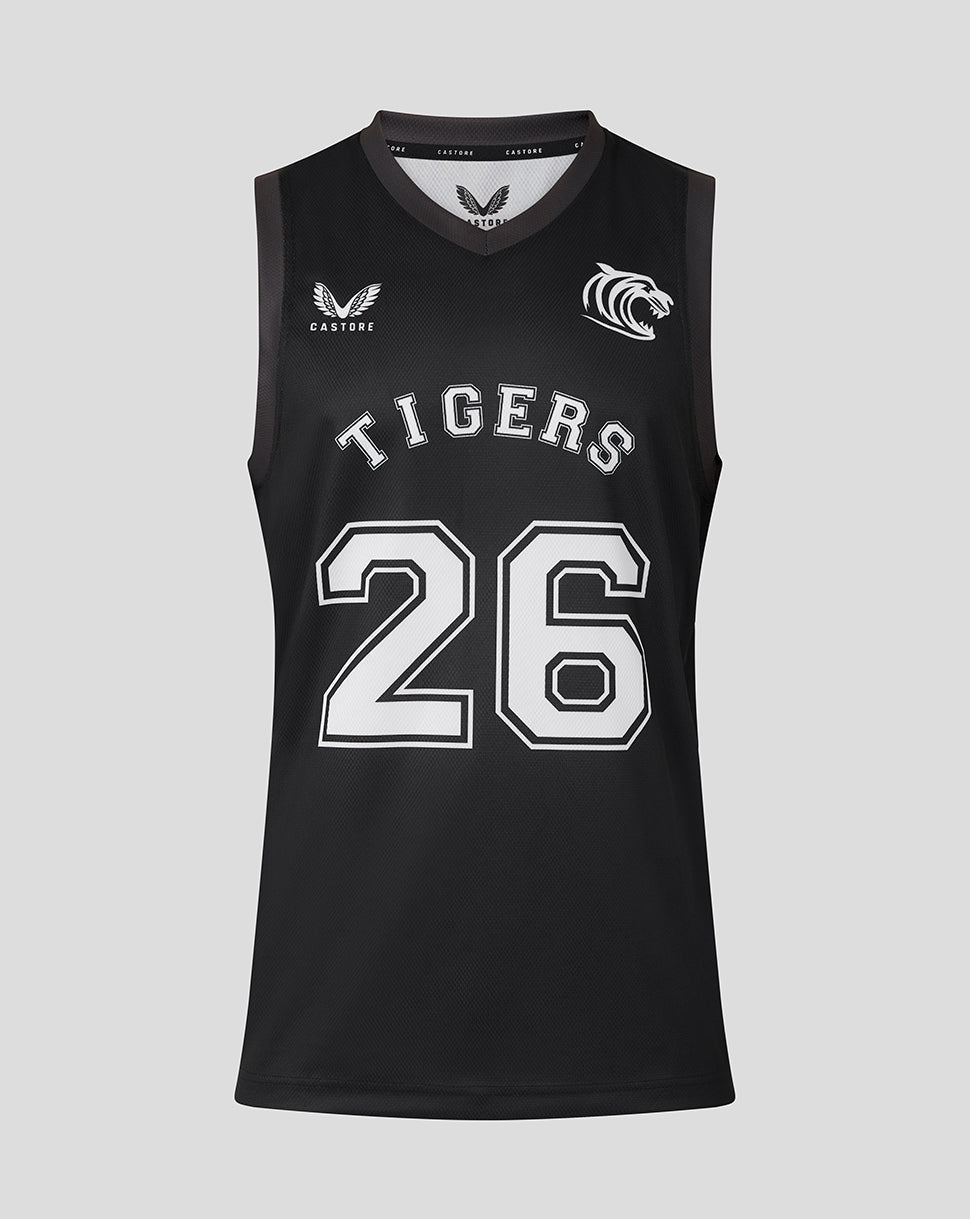 Front view of black Leicester Tigers training basketball vest with large white 26 and TIGERS across chest