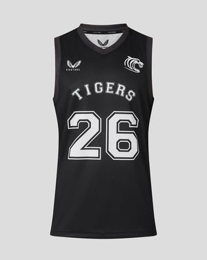 Front view of black Leicester Tigers training basketball vest with large white 26 and TIGERS across chest