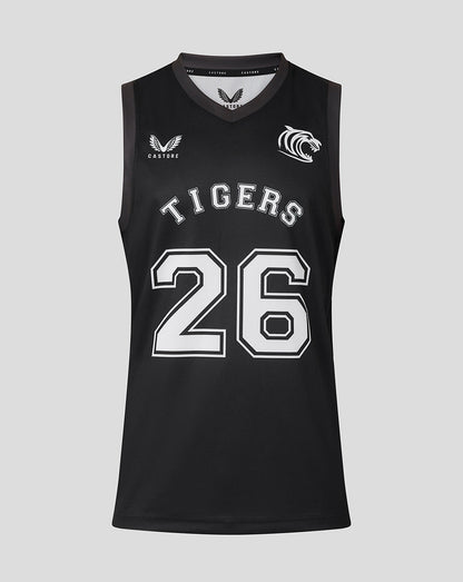 Front view of black Leicester Tigers training basketball vest with large white 26 and TIGERS across chest