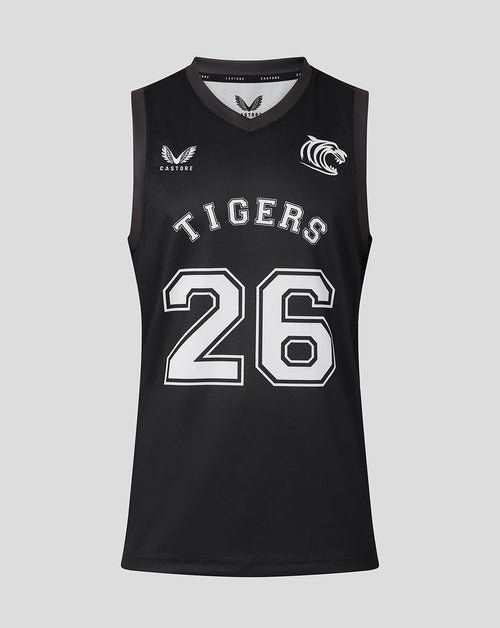 Front view of black Leicester Tigers training basketball vest with large white 26 and TIGERS across chest