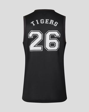 Close-up of black training vest showing the V neck collar and white tiger head logo on the chest