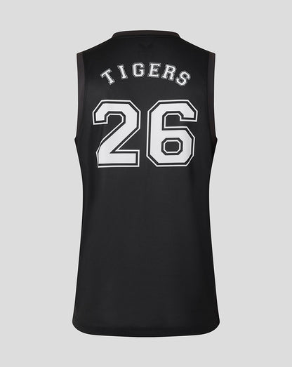 Close-up of black training vest showing the V neck collar and white tiger head logo on the chest