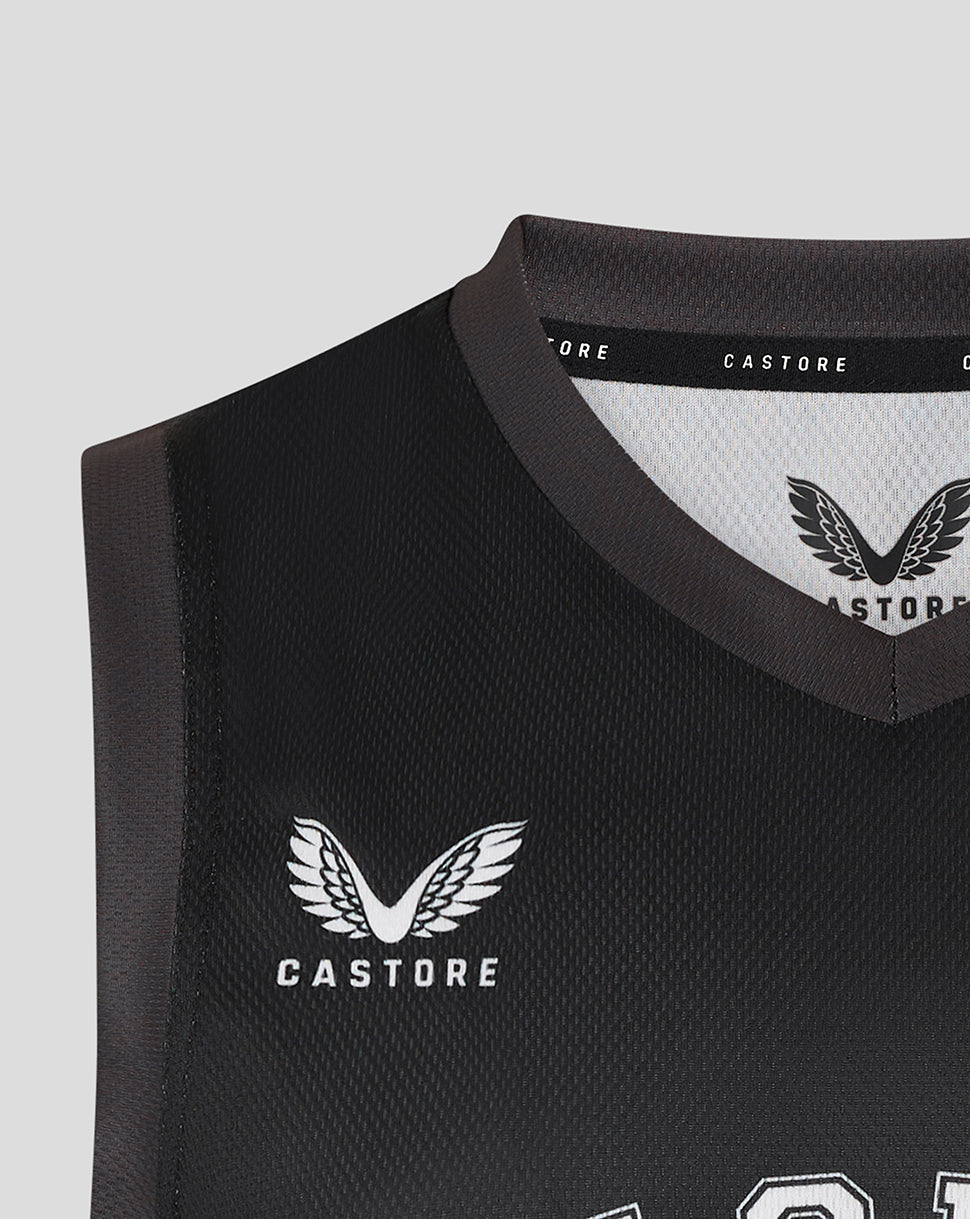 Black Leicester Tigers training basketball vest with V neck and Castore logo on chest.