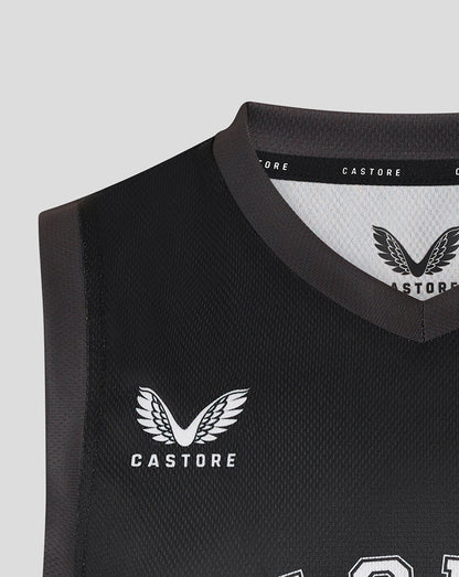 Black Leicester Tigers training basketball vest with V neck and Castore logo on chest.