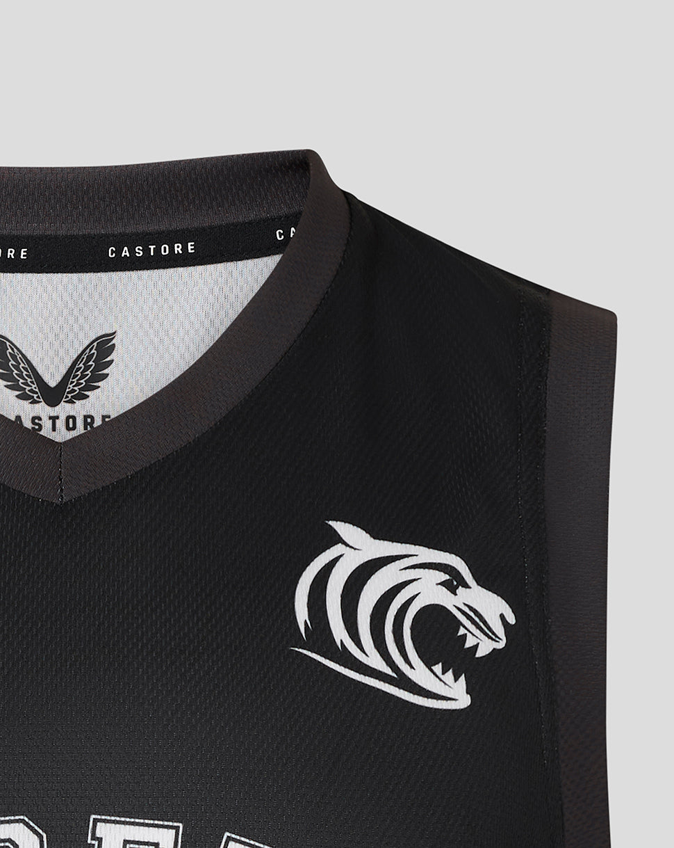 Back view of black Leicester Tigers training vest with large white 26 and TIGERS curved across upper back