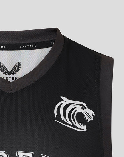 Back view of black Leicester Tigers training vest with large white 26 and TIGERS curved across upper back