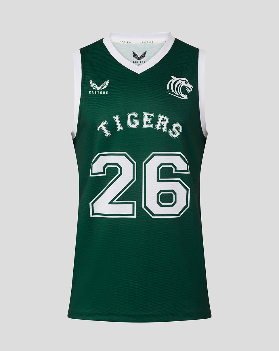 Front view of dark green Leicester Tigers training vest with white TIGERS lettering and large white 26 and small chest logos.