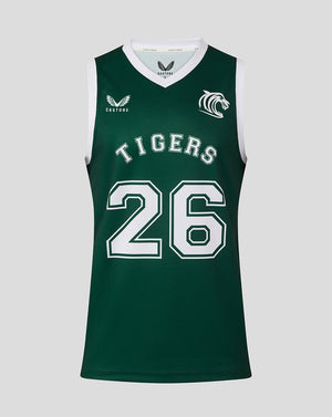 Front view of dark green Leicester Tigers training vest with white TIGERS lettering and large white 26 and small chest logos.