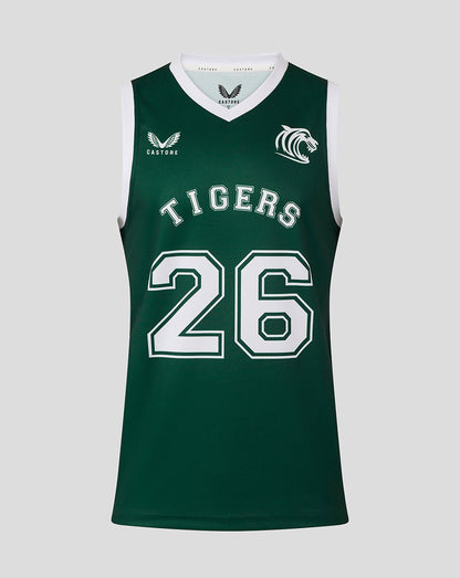 Front view of dark green Leicester Tigers training vest with white TIGERS lettering and large white 26 and small chest logos.