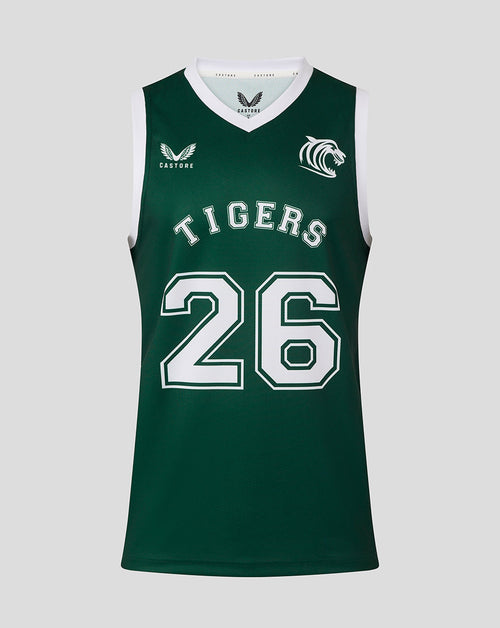 Front view of dark green Leicester Tigers training vest with white TIGERS lettering and large white 26 and small chest logos.