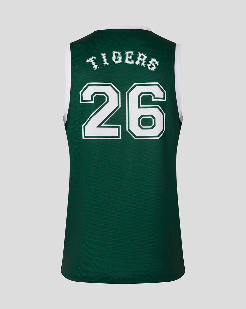 Back view of dark green Leicester Tigers training basketball vest with large white number 26