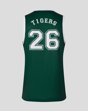 Back view of dark green Leicester Tigers training basketball vest with large white number 26