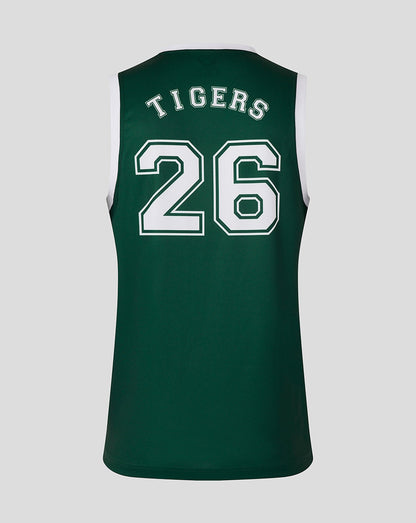 Back view of dark green Leicester Tigers training basketball vest with large white number 26
