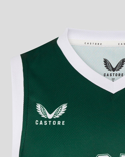 Close-up of the vest chest showing Castore branding and winged logo on green fabric