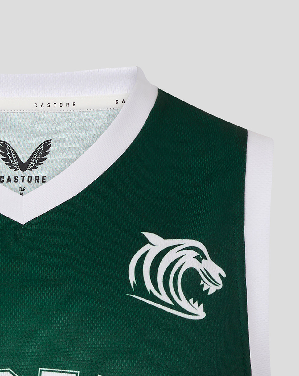 Close-up of the dark green vest neck with white trim and a white tiger head logo on the chest