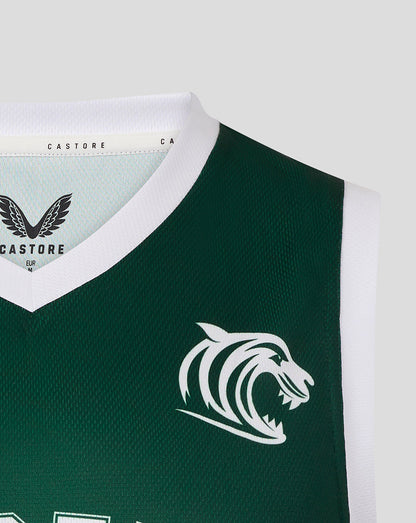 Close-up of the dark green vest neck with white trim and a white tiger head logo on the chest