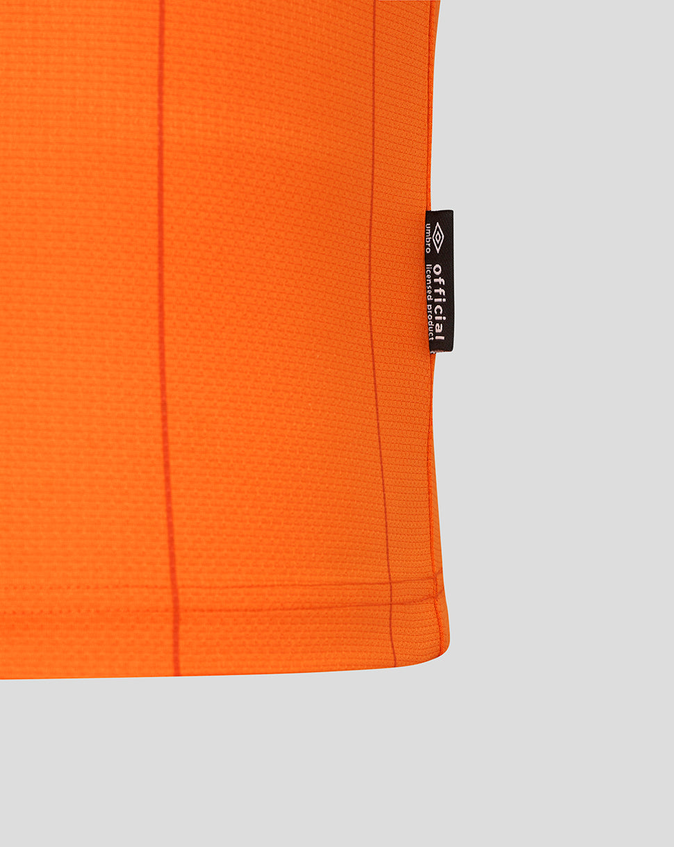 Back view of Rangers Men's 25/26 Fourth Shirt in orange with MyGuava sponsor and a side seam tag