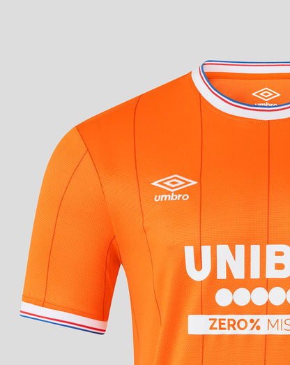 Close-up of the collar and shoulder of the orange Rangers shirt with crest and Umbro branding visible.