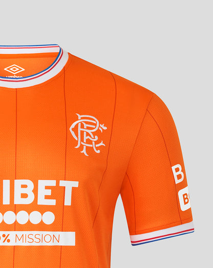 Close-up of bright orange Rangers shirt showing the neckline, Umbro logo and club crest on the chest.