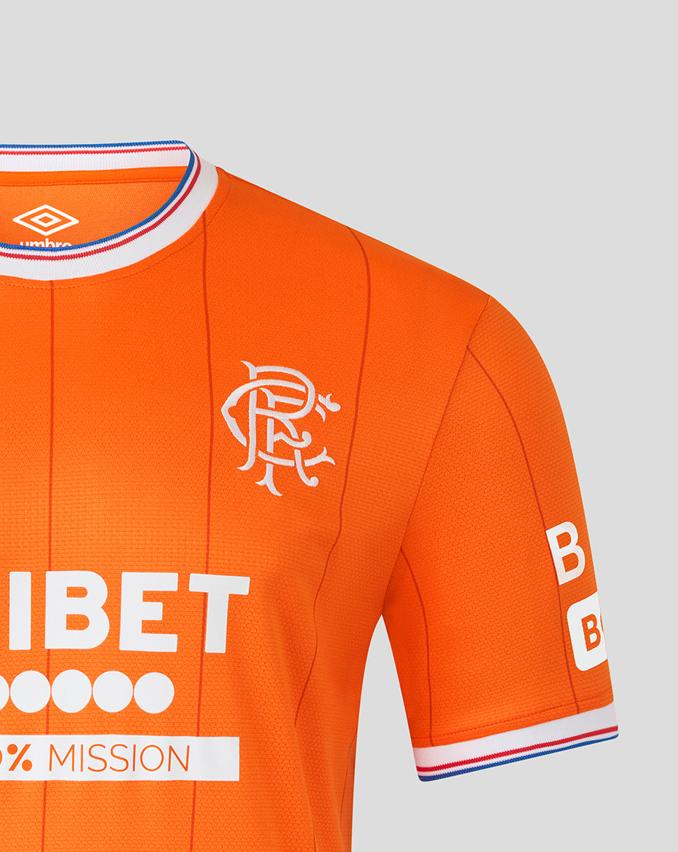 Close-up of the orange Rangers shirt chest area showing embroidered Umbro logo and club crest.
