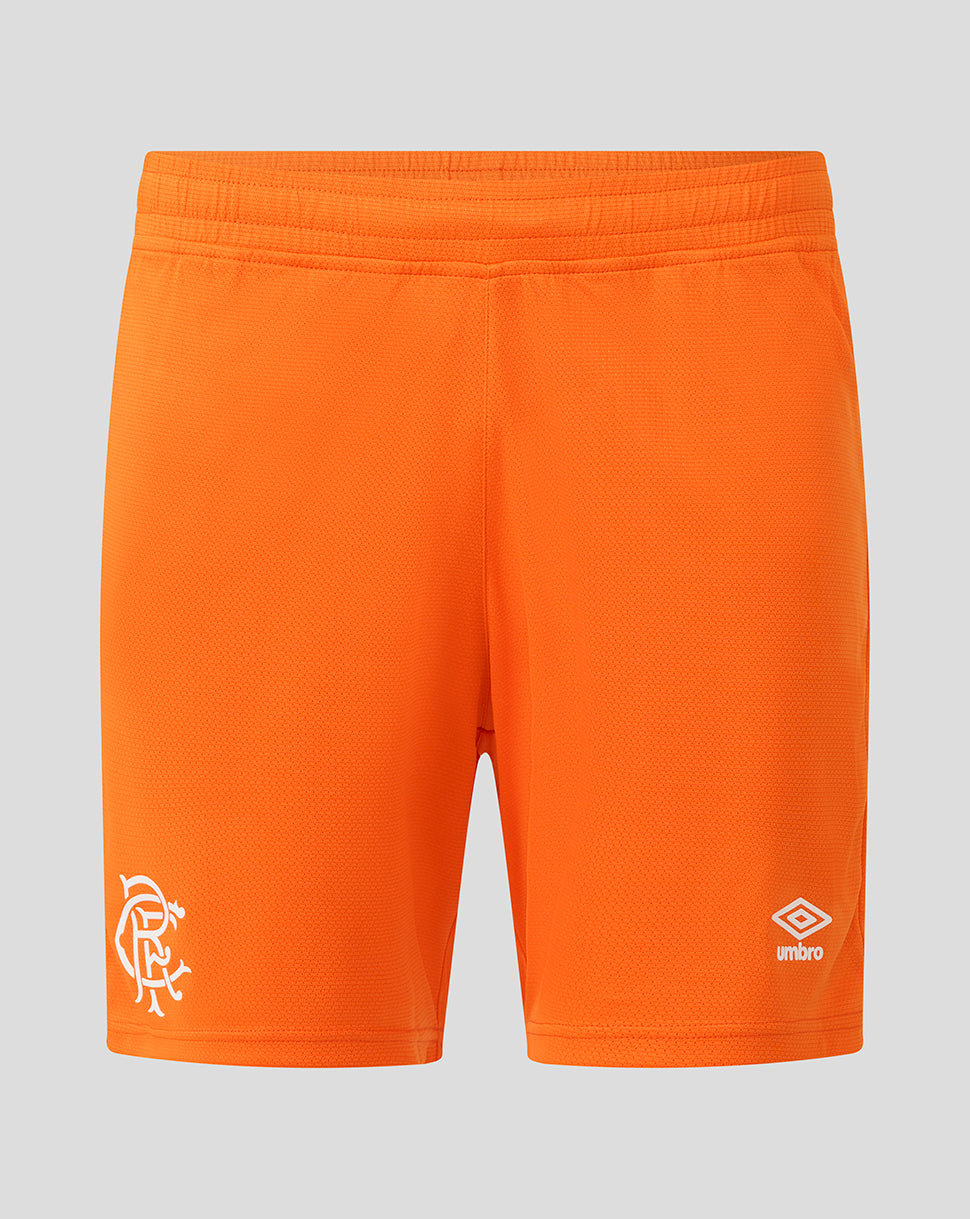 Bright orange Rangers juniors shorts front view with a white crest on the left leg and a white Umbro logo on the right