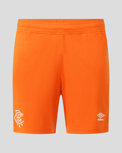 Bright orange Rangers juniors shorts front view with a white crest on the left leg and a white Umbro logo on the right