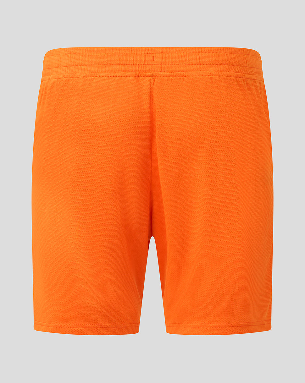 Back view of bright orange Rangers men's shorts with an elastic waistband
