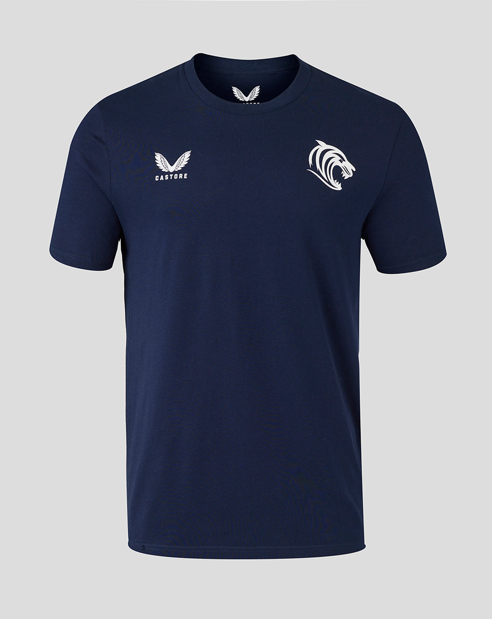 Navy Leicester Tigers men's travel cotton T shirt front view with white tiger head crest and Castore branding on the chest