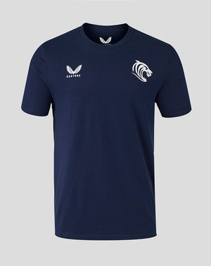 Navy Leicester Tigers men's travel cotton T shirt front view with white tiger head crest and Castore branding on the chest