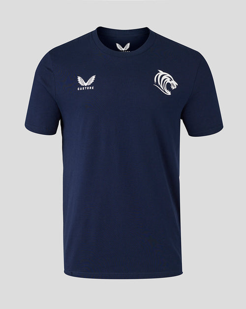 Navy Leicester Tigers men's travel cotton T shirt front view with white tiger head crest and Castore branding on the chest