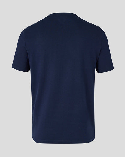 Back view of a navy Leicester Tigers women's travel cotton T-shirt with no graphics visible