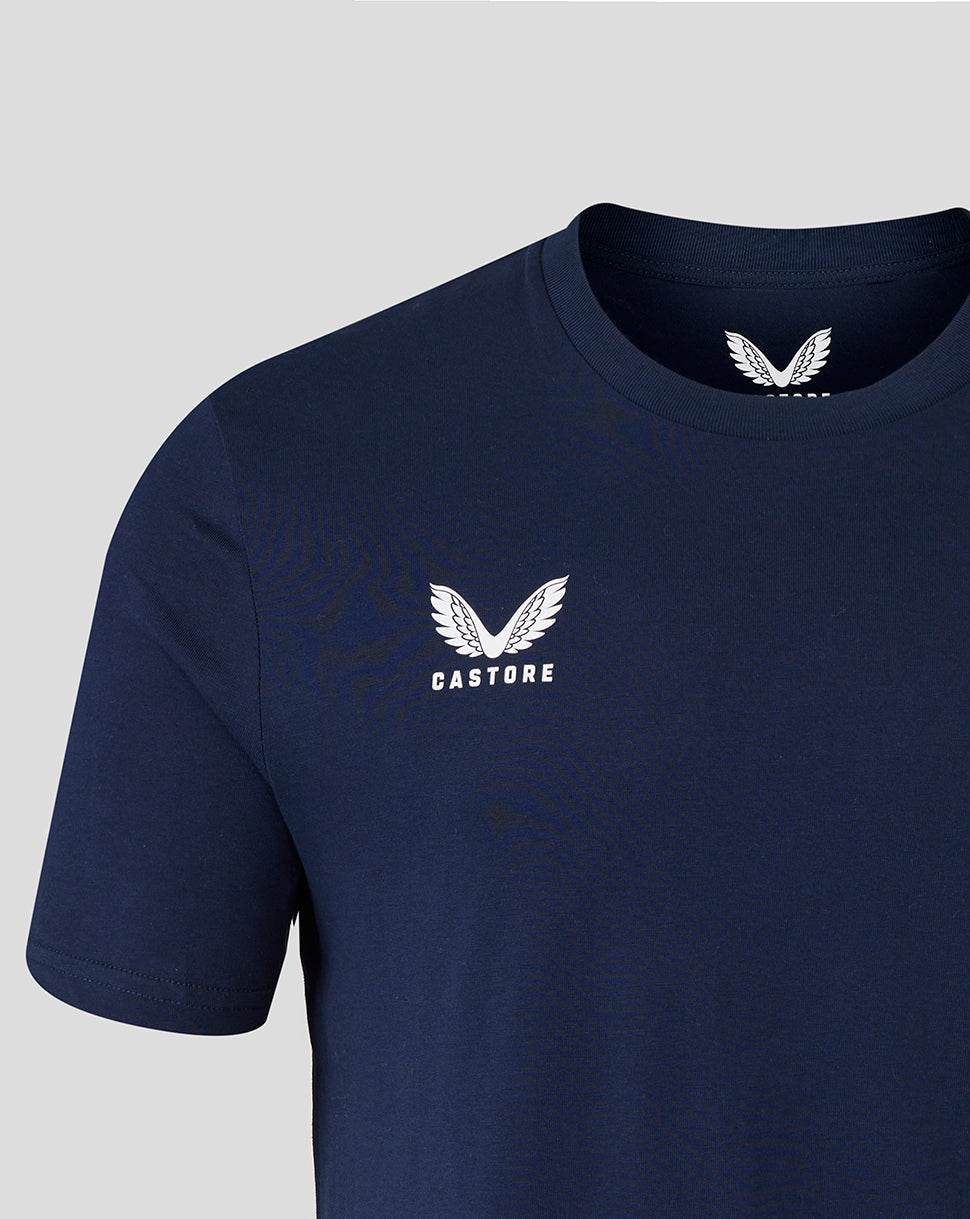 Navy men's Leicester Tigers travel cotton T shirt with white wing logo and Castore branding on the chest