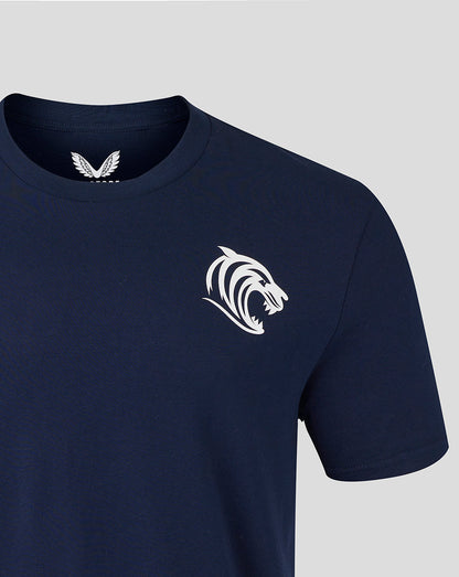 Navy Leicester Tigers women's travel cotton T-shirt with a white tiger head crest on the left chest