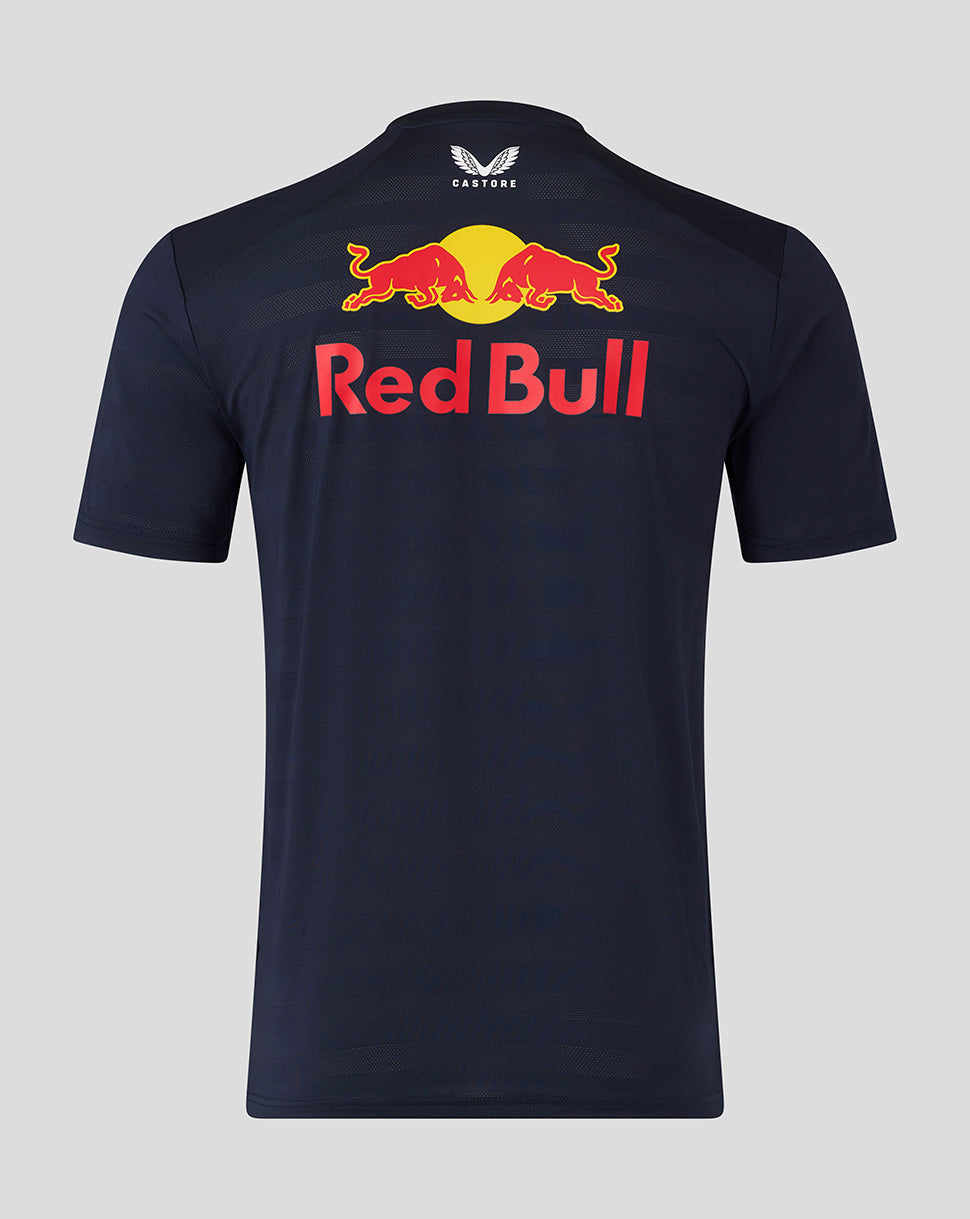 Back view of the navy junior team T shirt showing a large Red Bull graphic and branding across the back