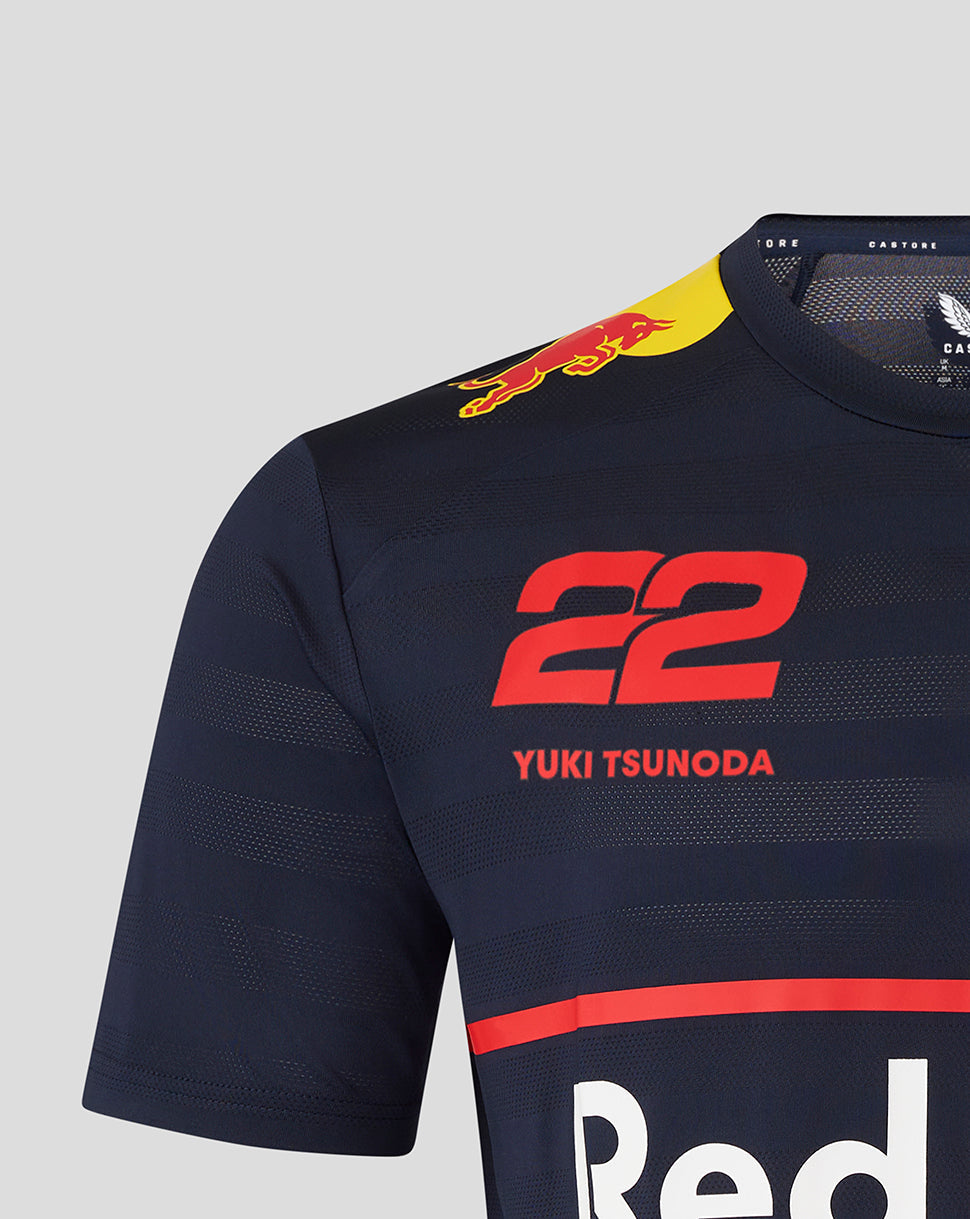 Front close-up of the navy Night Sky women's team T shirt showing the driver number 22 and Yuki Tsunoda text with Red Bull branding