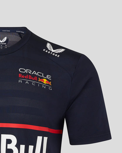 Shoulder and chest close-up of the navy Night Sky T shirt with Castore emblem and Oracle Red Bull Racing branding