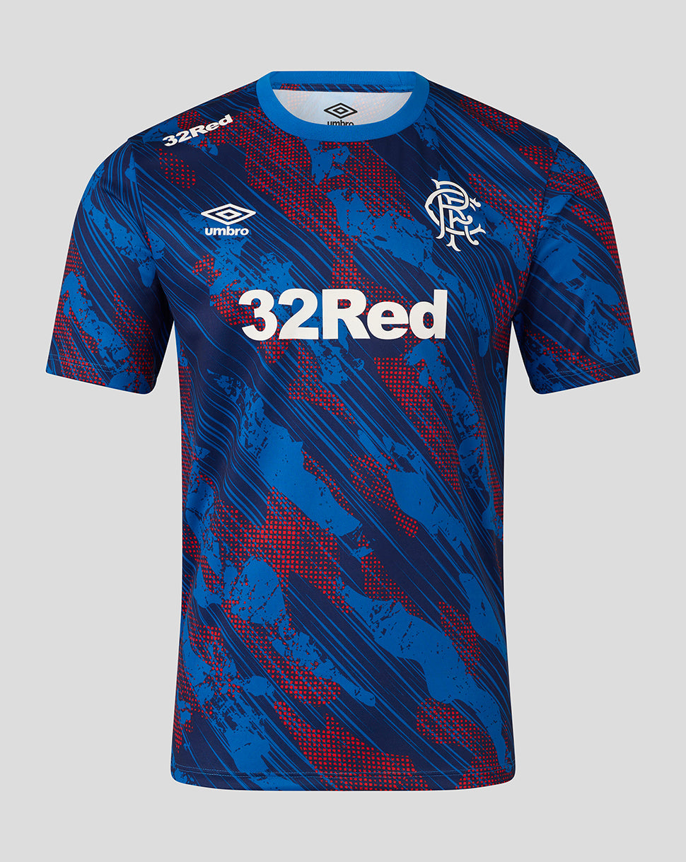Blue and red sports jersey with '32Red' and Umbro branding on a gray background