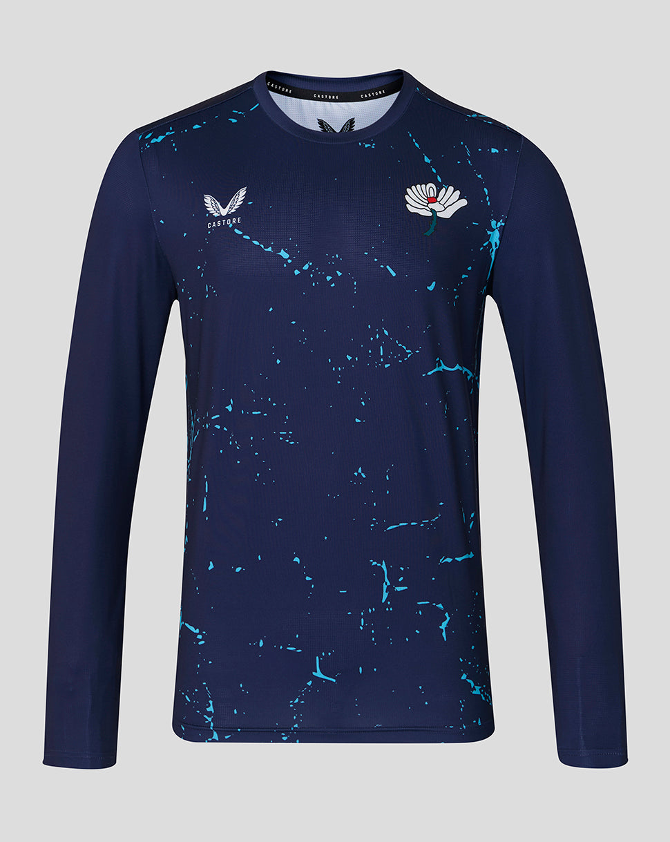Navy Yorkshire Cricket Men's 26/27 long sleeve performance T shirt with White Rose crest on the chest and blue splatter design