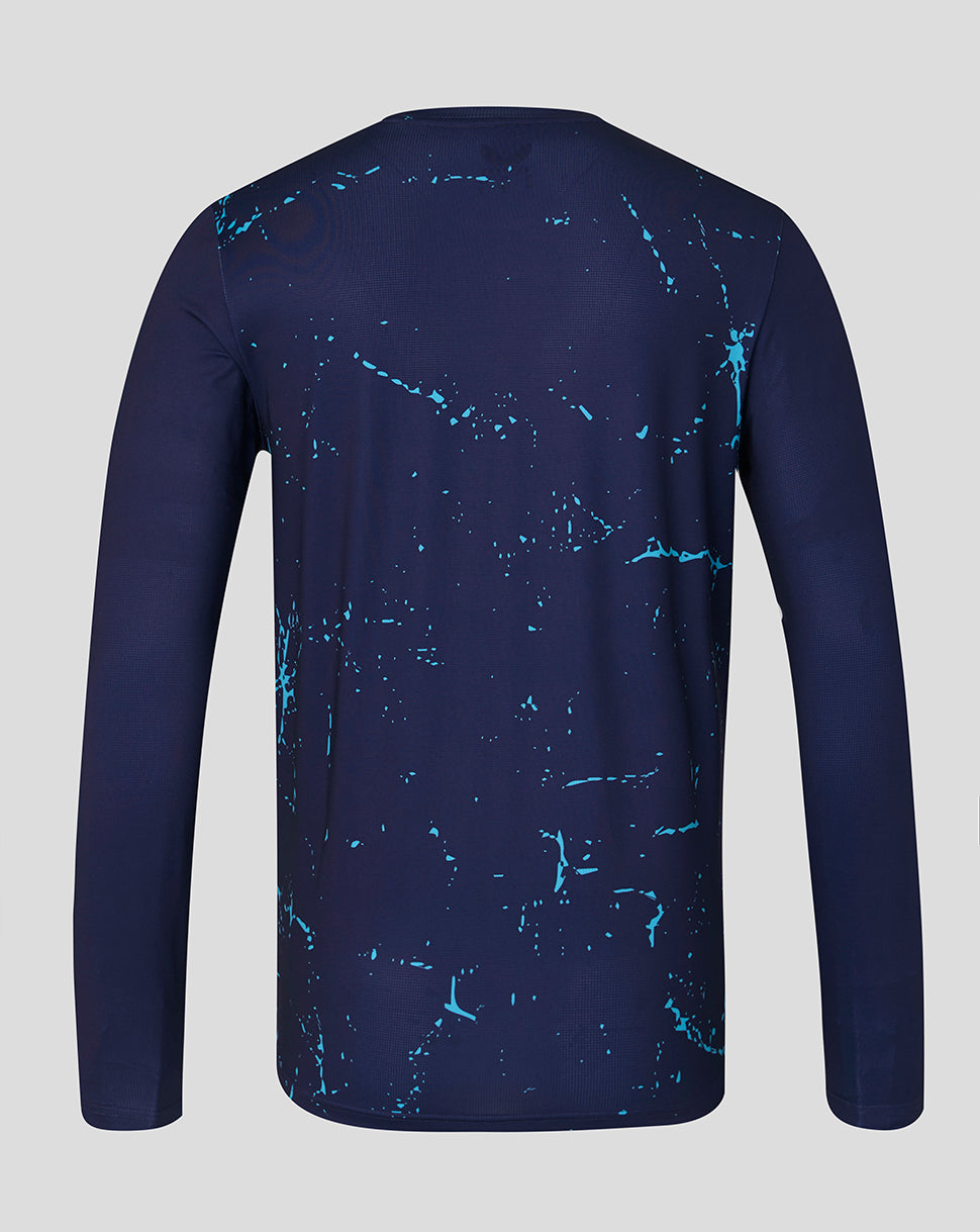 Back view of navy Peacoat Yorkshire Cricket long sleeve performance T shirt with turquoise splatter print