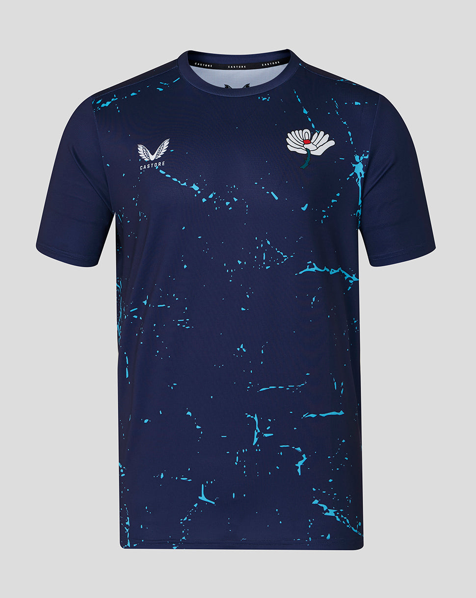 Front view of navy Yorkshire performance tee with White Rose crest Castore wings and turquoise splatter.