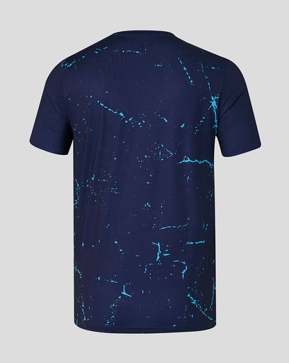 Back view of navy Yorkshire short sleeve performance tee with turquoise splatter pattern.