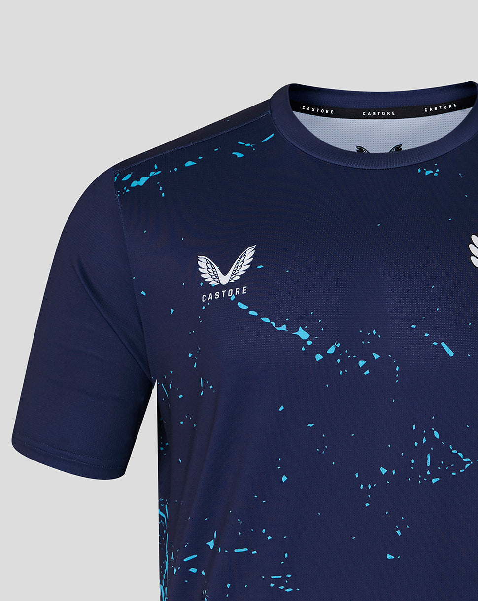 Peacoat navy short sleeve performance T-shirt with White Rose crest and Castore wings on chest and blue splatter print