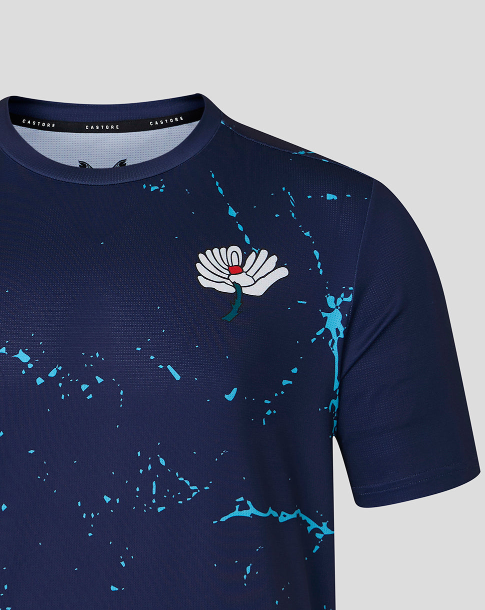 Navy Yorkshire cricket short sleeve training shirt with White Rose crest on chest and blue splatter graphics