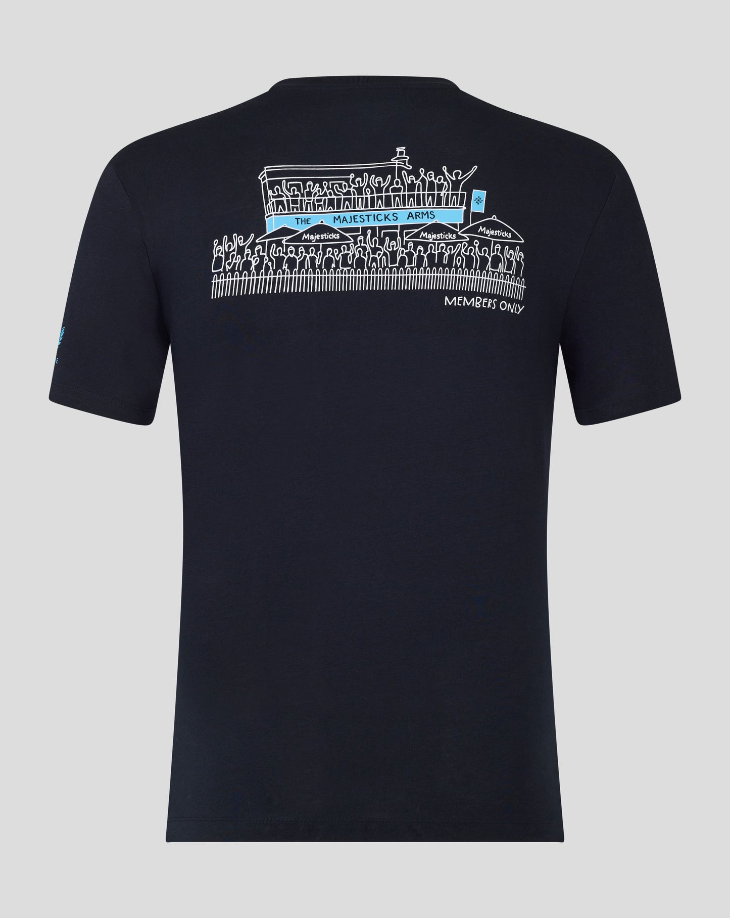 Back view of navy Majesticks Arms short sleeve tee with white crowd illustration and blue banner reading The Majesticks Arms and Members Only