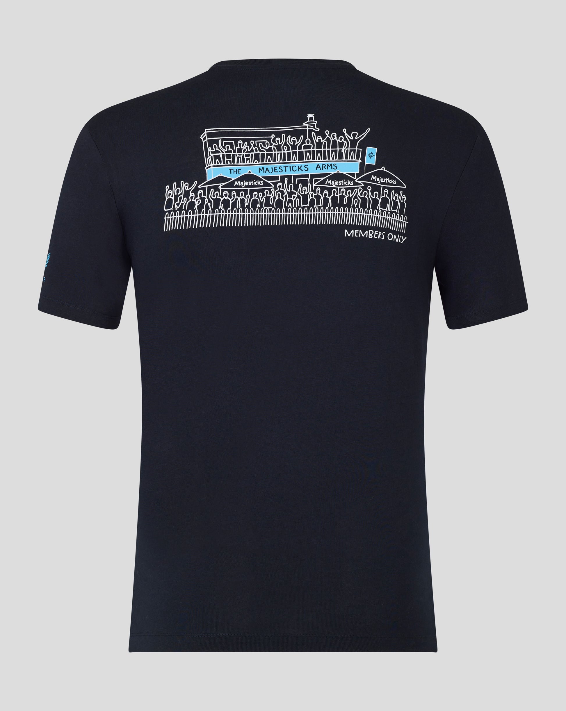 Back view of navy Majesticks Arms short sleeve tee with white crowd illustration and blue banner reading The Majesticks Arms and Members Only